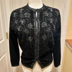 Vintage ‘60s Lambswool/Angora Black Beaded Cardigan with Sequins. Lined. Small
